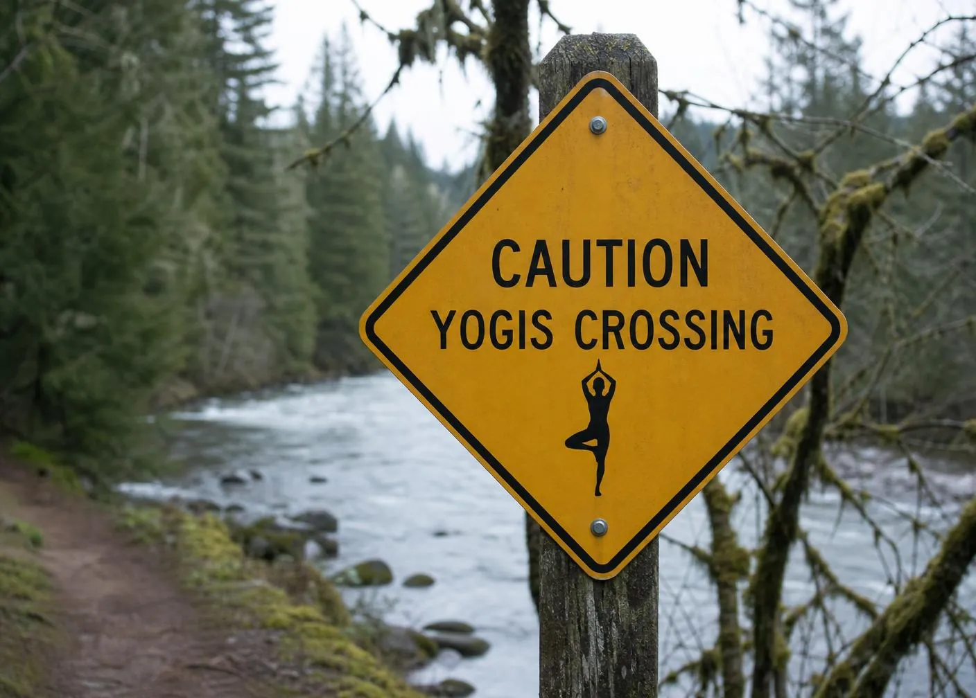 Caution Yogis Crossing sign on the river trail