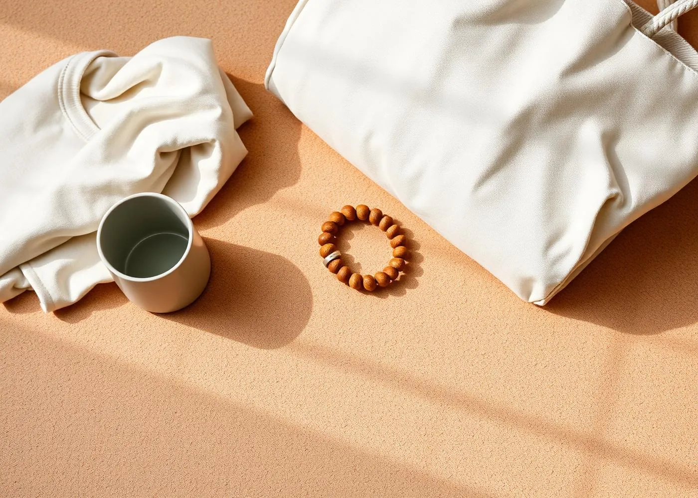 Folded apparel and wellness goods on a wooden bench