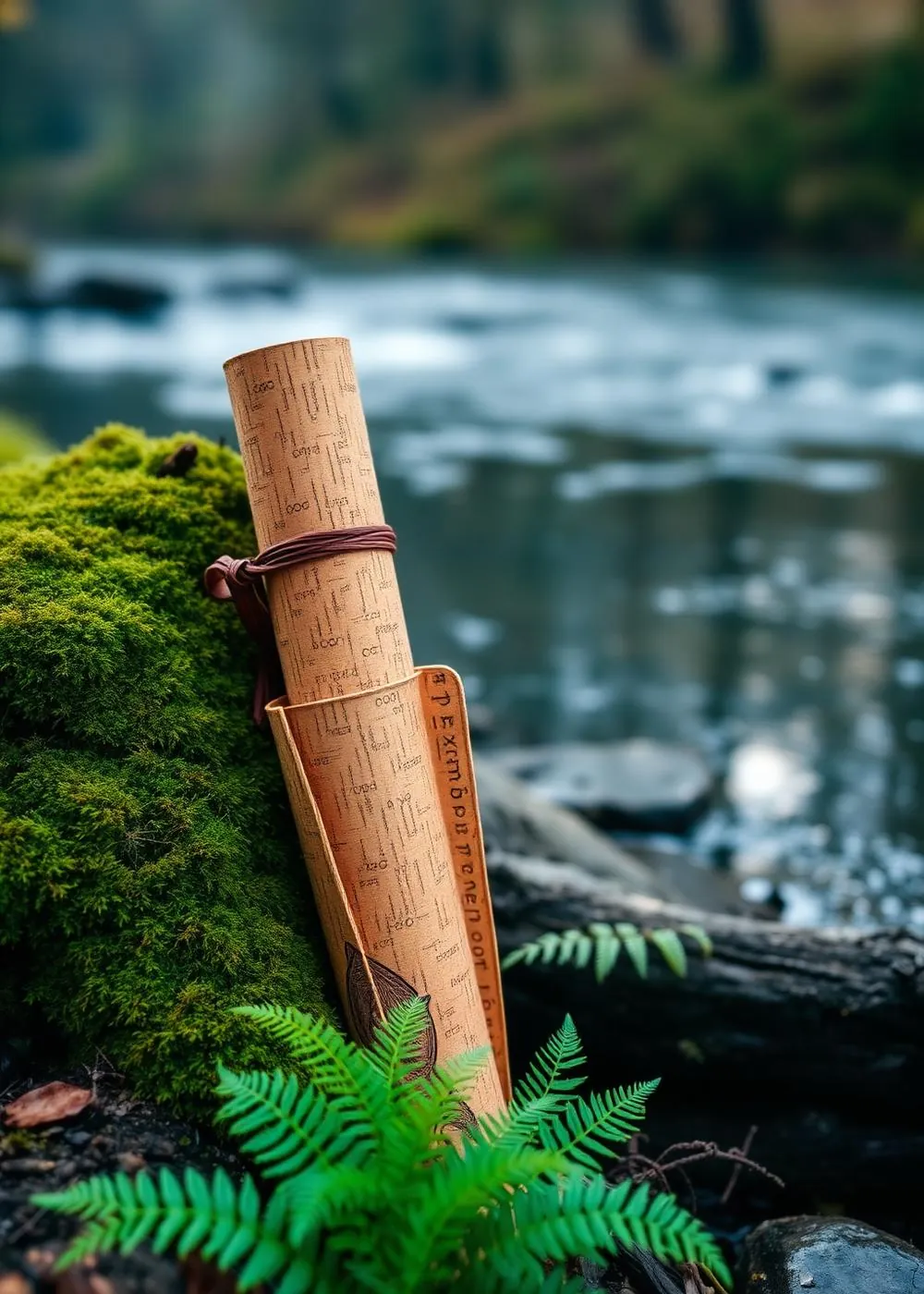 Cork yoga mat resting on a mossy log